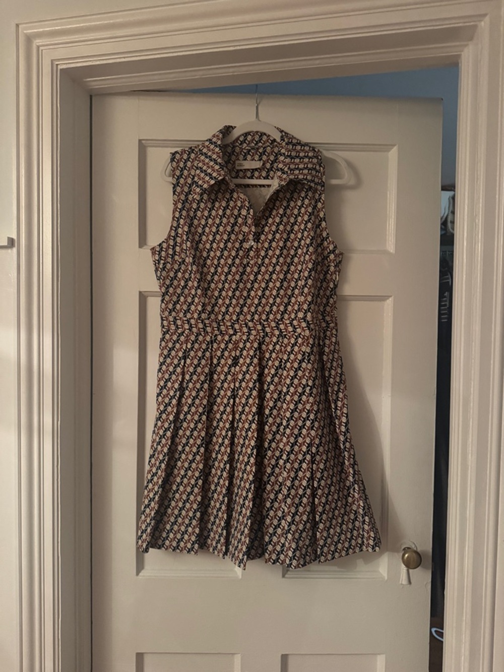 Tory Burch Navy, Cream & Brown Printed Sleeveless Collared Dress